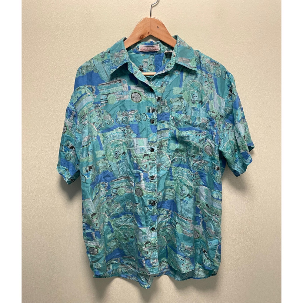 Vintage Andrew Sport Men Shirt Medium Silk Car Novelty Print Button Up Retro 90s